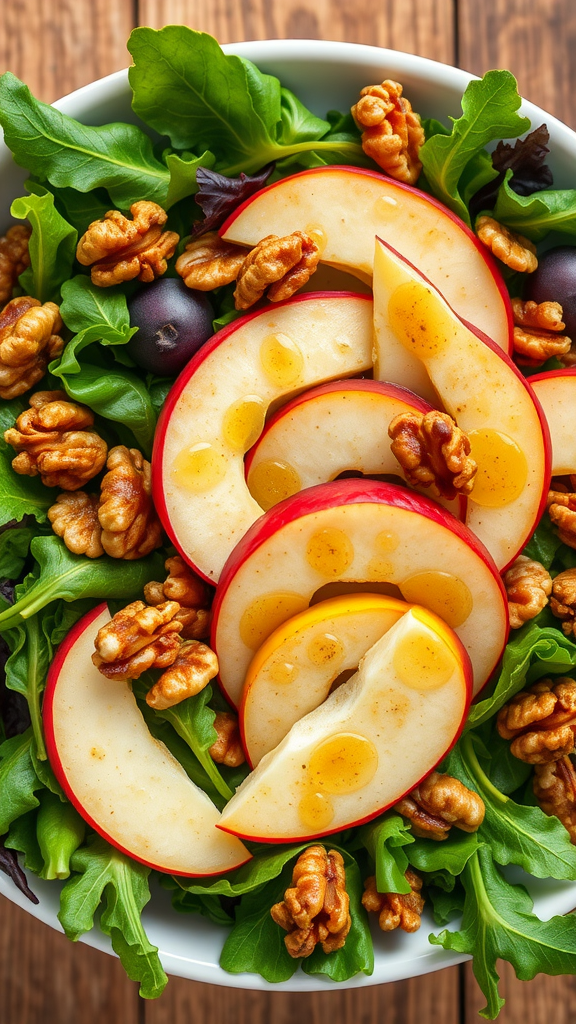 A vibrant apple and walnut salad with fresh greens and sliced apples, topped with walnuts.