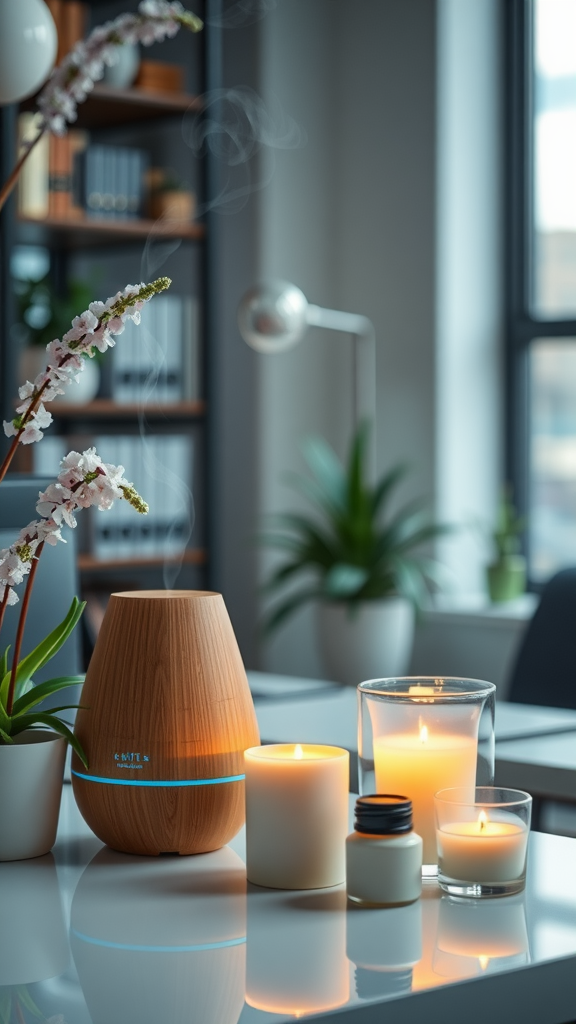 A cozy setup featuring a wooden diffuser, candles, and flowers in a bright room.