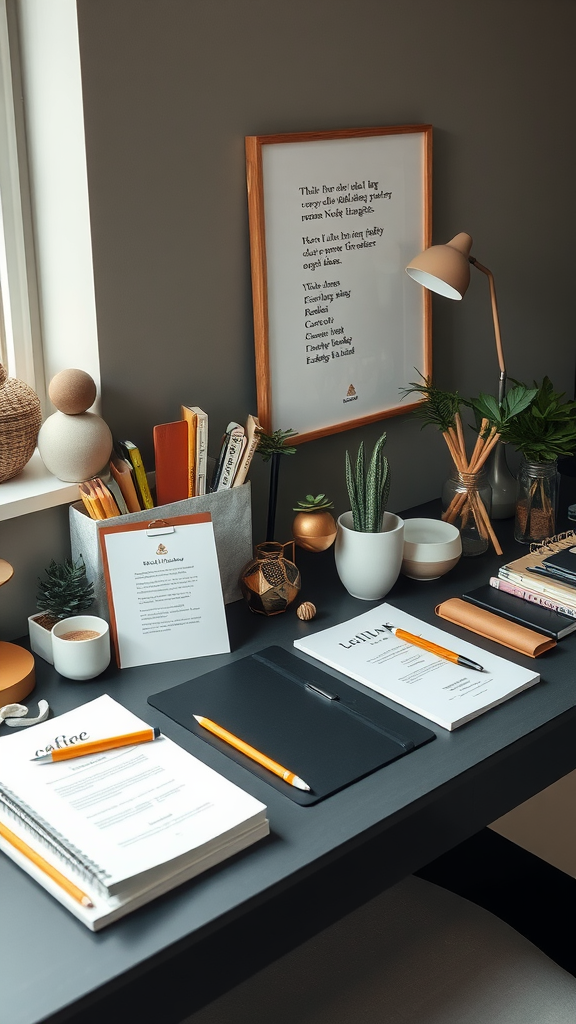 Stylish and organized desk arrangement with books, plants, and stationery