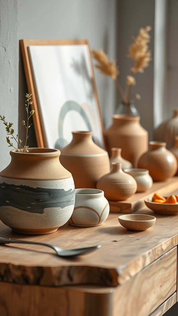 A collection of handmade pottery pieces displayed on a wooden table, with a few decorative elements in the background.