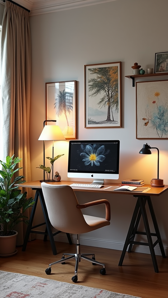 A stylish feminine home office featuring a desk with a computer, plants, and artwork.