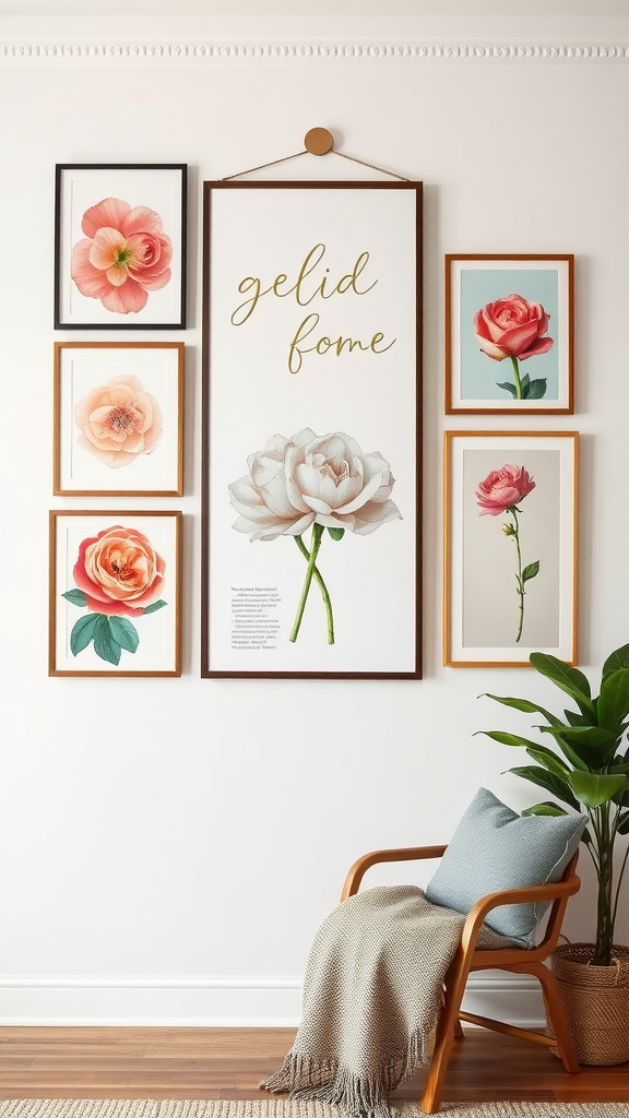 A cozy wall display featuring various floral artworks in different frames, complemented by a comfortable chair with a blanket and a plant.