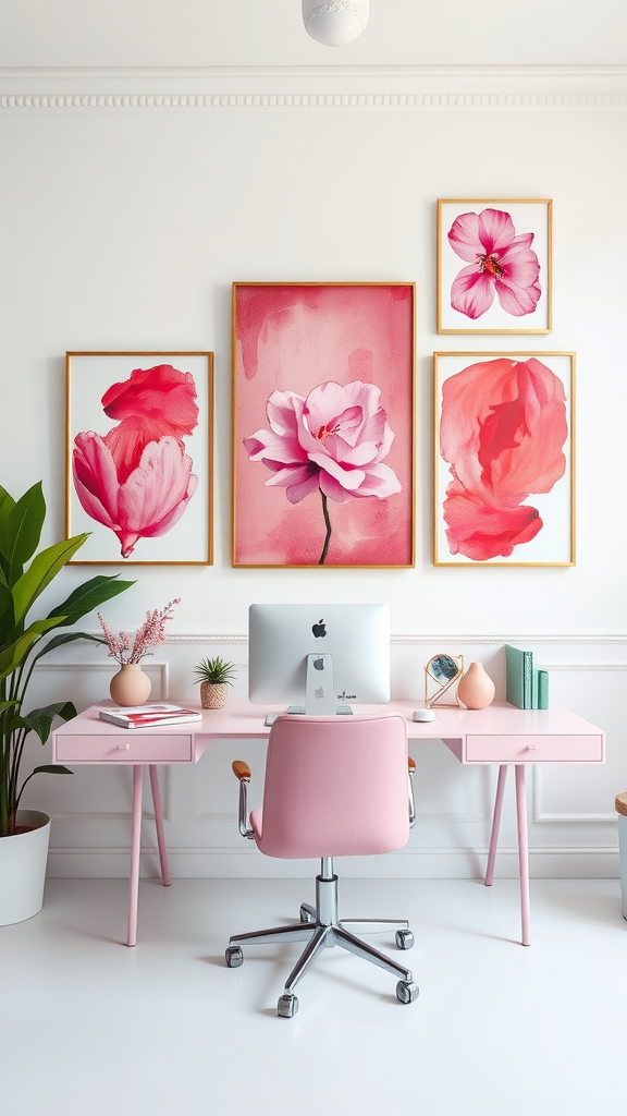 Cozy home office with pink-themed artwork and a modern desk