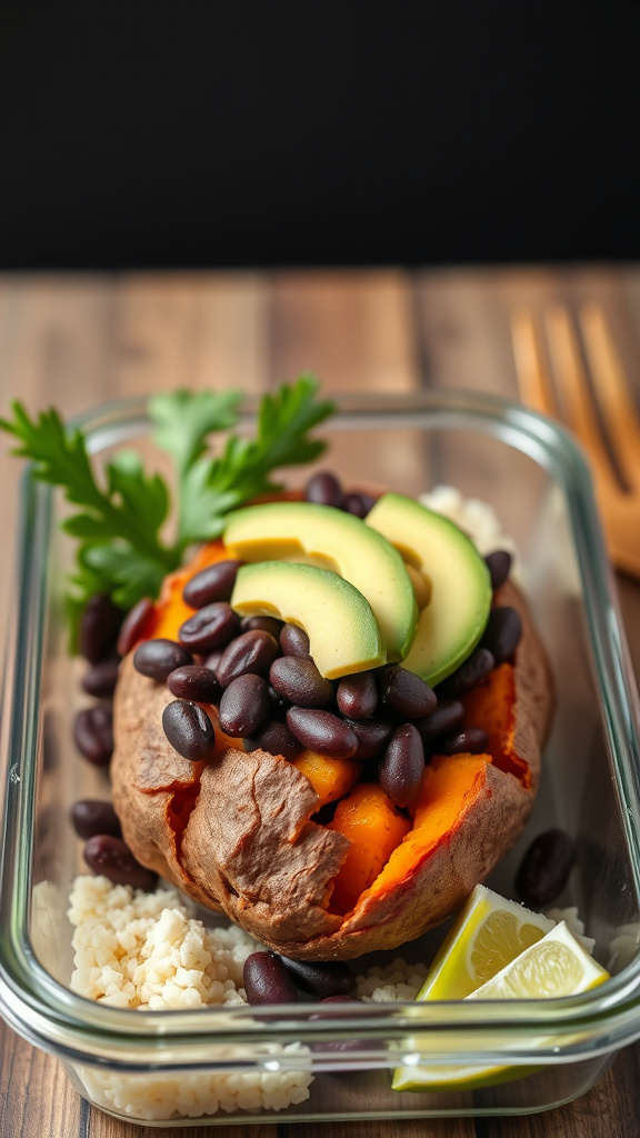 Baked sweet potato topped with black beans and avocado slices, served with grains and lime