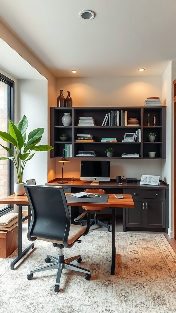 A cozy home office with a desk, chair, and plants, emphasizing a balance between work and relaxation.