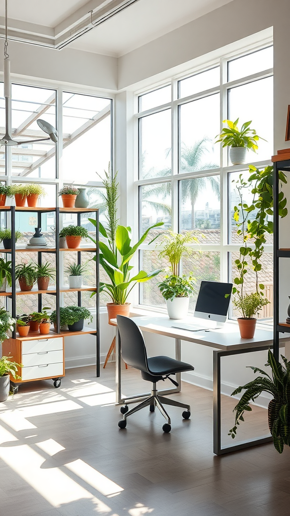 An indoor office space filled with plants and natural light.