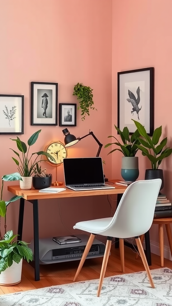 Cozy home office with blush pink walls and plants