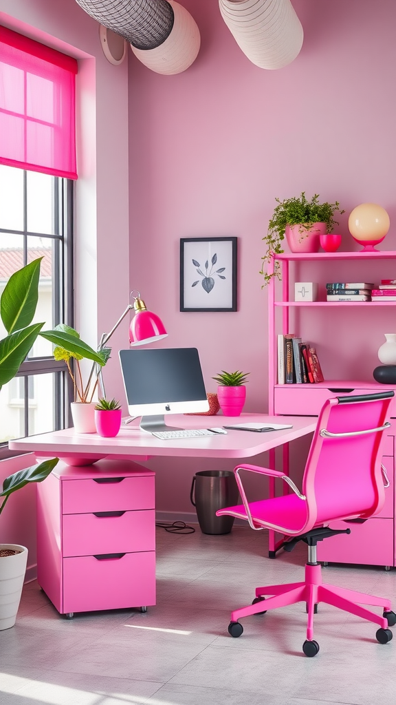 Cozy home office with bold pink furniture and decor