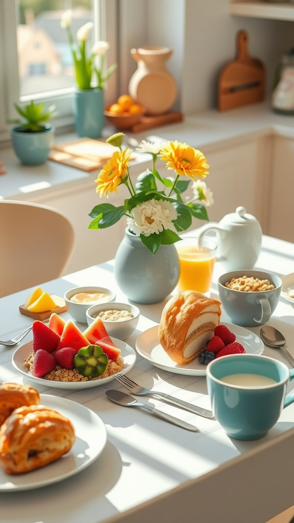 A vibrant breakfast charcuterie board featuring fresh fruits, pastries, and beverages on a bright table.