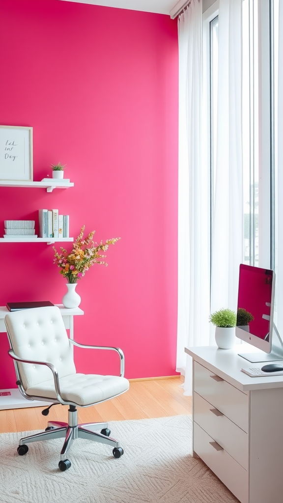 A bright pink accent wall in an office setting with a white chair, desk, and decorative plants.