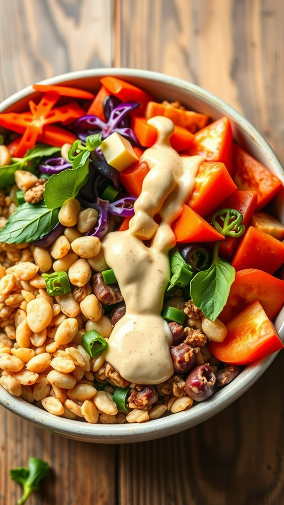 A vibrant Buddha bowl filled with grains, fresh vegetables, and topped with tahini dressing.