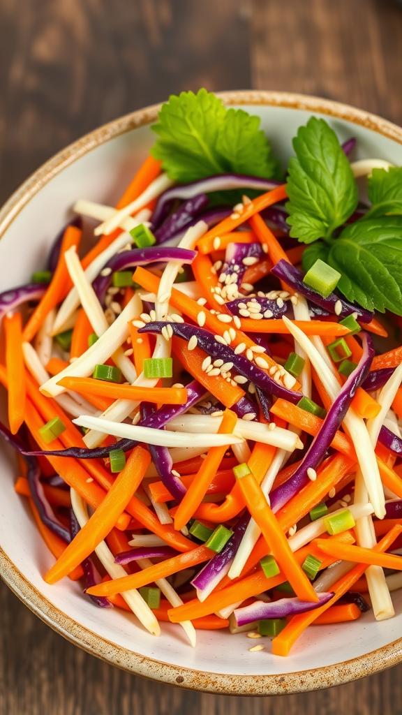 A bowl of colorful cabbage and carrot slaw with green onions and sesame seeds on top.