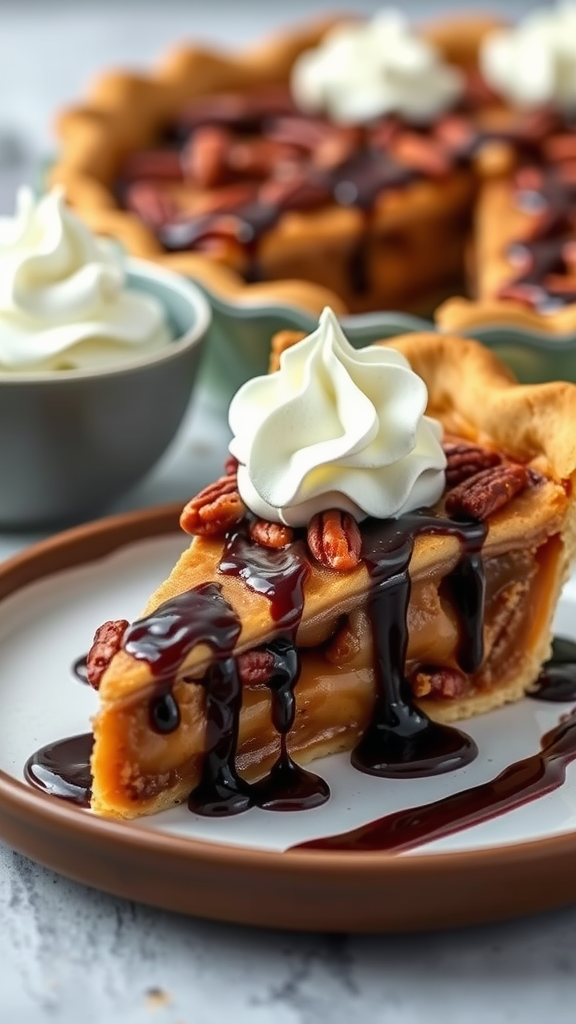 A slice of caramel pecan turtle pie topped with whipped cream and chocolate sauce on a plate, with the whole pie in the background.