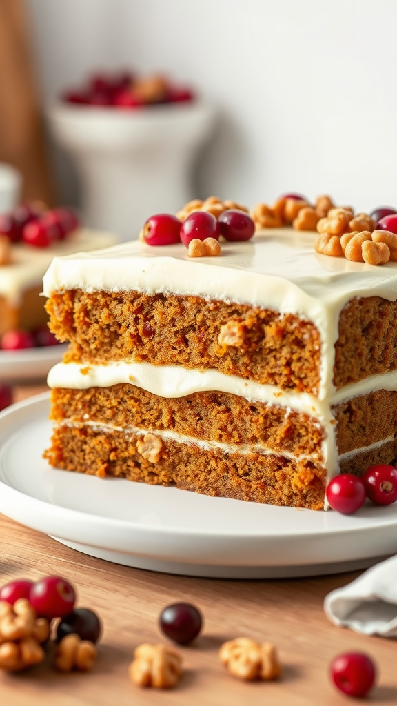 Layered carrot cake with cream cheese frosting, topped with cranberries and walnuts