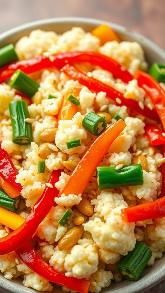 A bowl of cauliflower rice stir fry with red and yellow bell peppers, green onions, and sesame seeds.