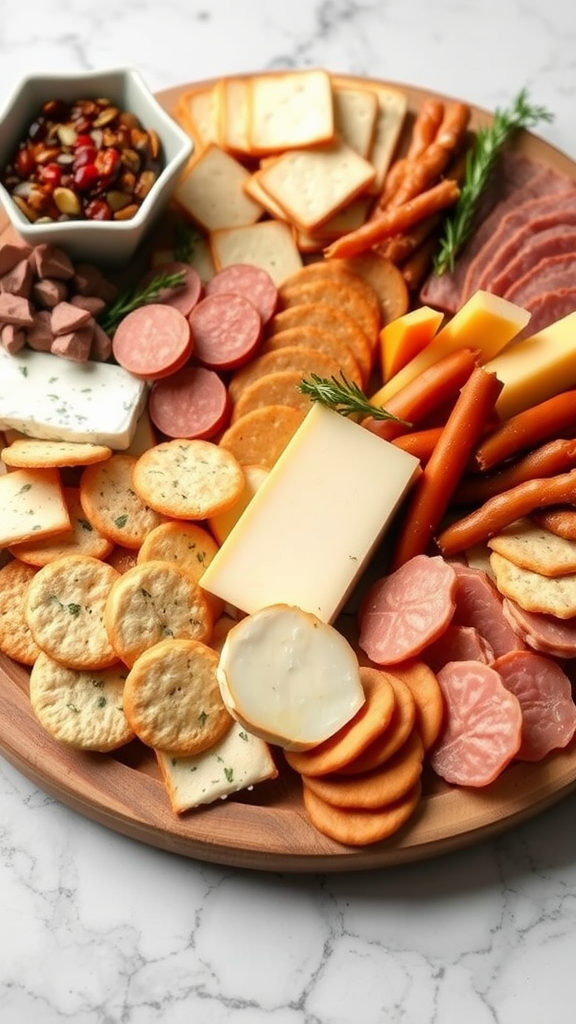 A colorful charcuterie board featuring a variety of gluten-free meats, cheeses, and snacks.