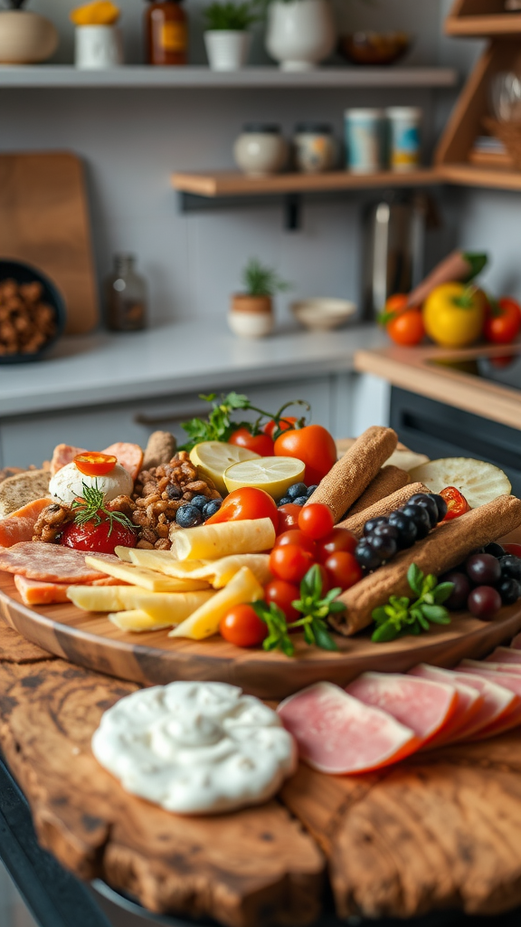 A beautifully arranged charcuterie board with meats, cheeses, fruits, and vegetables.