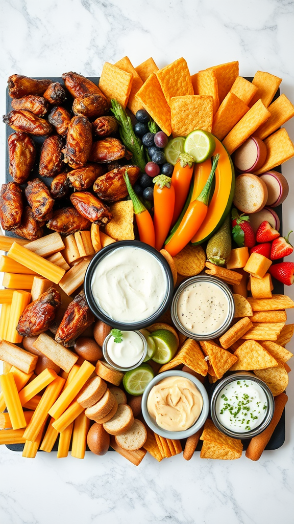 A colorful game day charcuterie board featuring chicken wings, chips, veggies, and various dips.