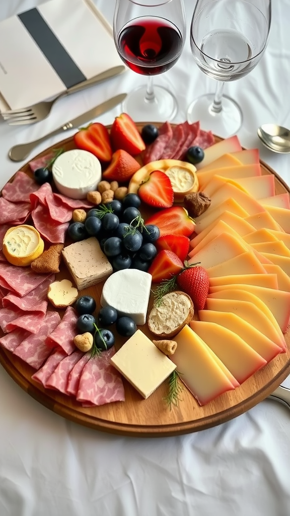 A beautifully arranged charcuterie board with meats, cheeses, fruits, and two glasses of red wine.