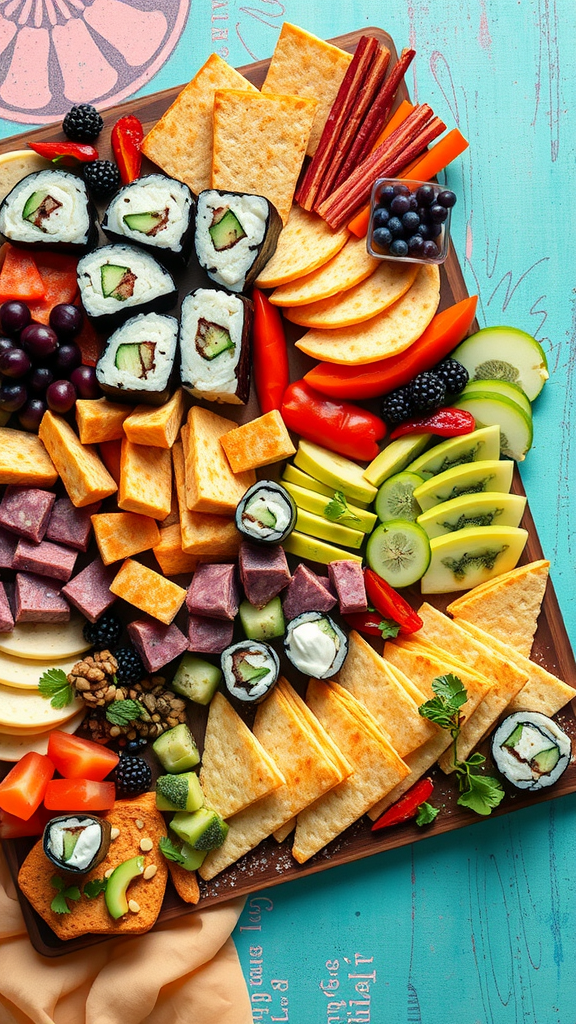 A colorful charcuterie board featuring cheeses, sushi rolls, fruits, and vegetables.