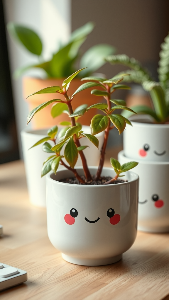 Cute desk plants in smiling pots, adding charm to a workspace.