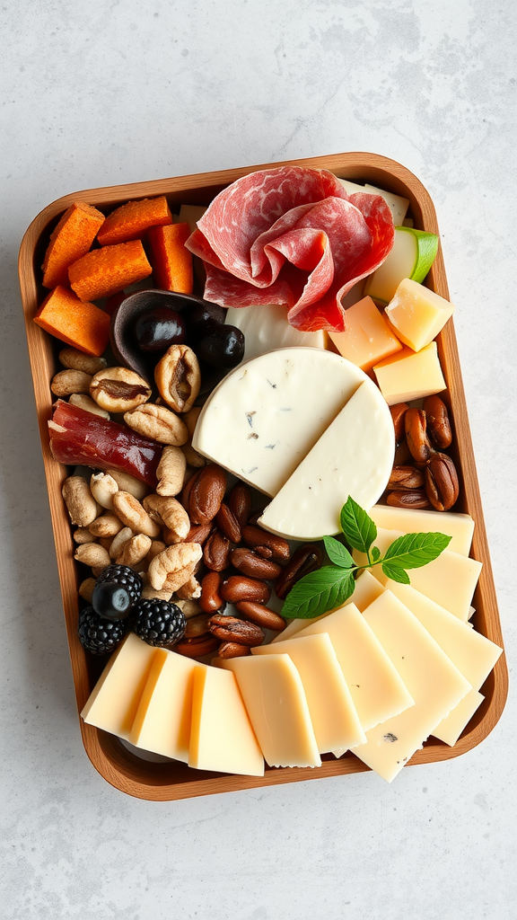 A variety of cheeses, meats, nuts, and fruits beautifully arranged on a wooden platter.