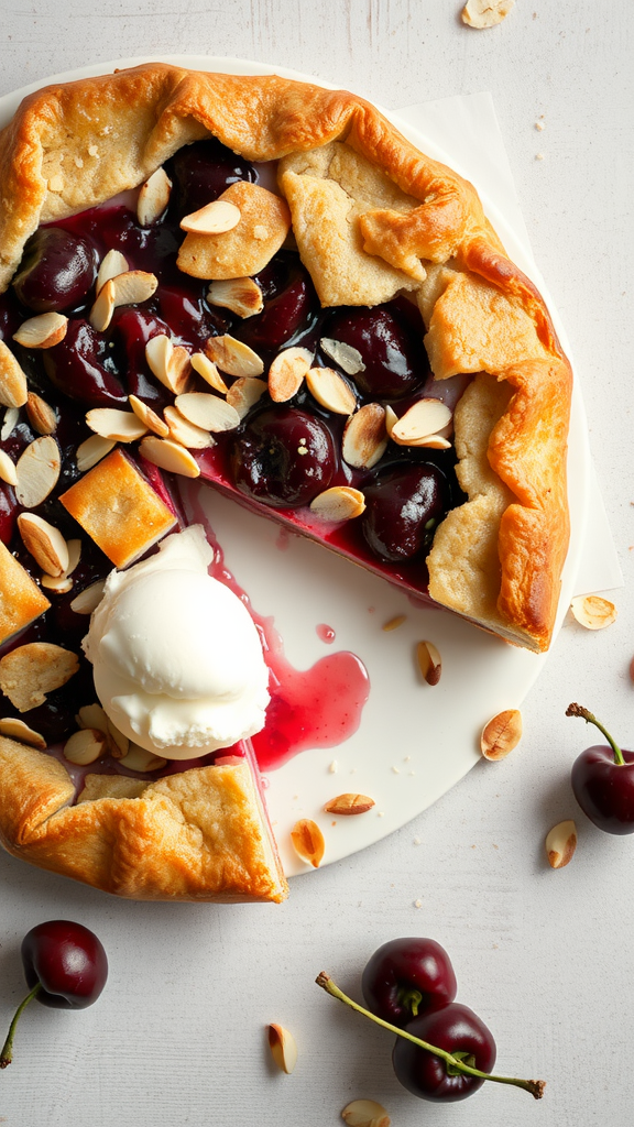 A cherry almond galette with a scoop of vanilla ice cream on a white plate, garnished with sliced almonds and fresh cherries.