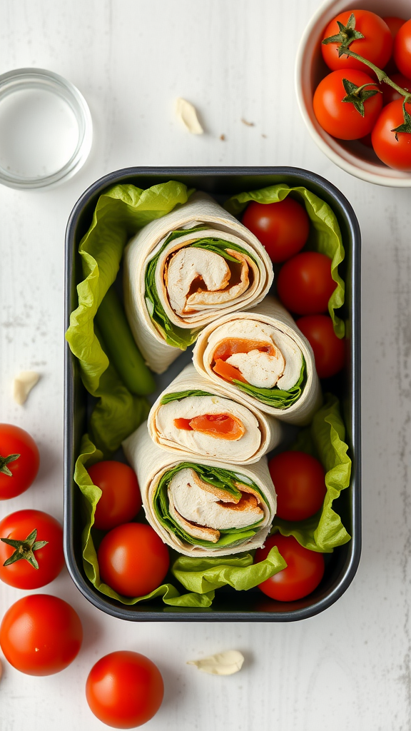 A container with Chicken Caesar wraps surrounded by cherry tomatoes and lettuce