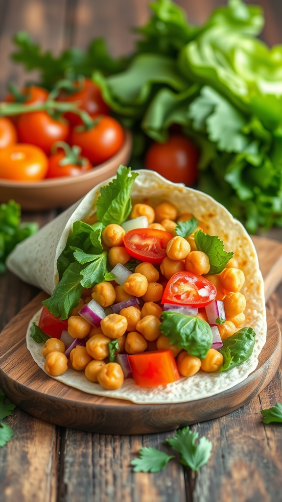 A delicious chickpea salad wrap with fresh vegetables and herbs on a wooden surface.