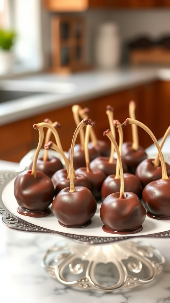 Plate of chocolate-covered cherry clusters with stems