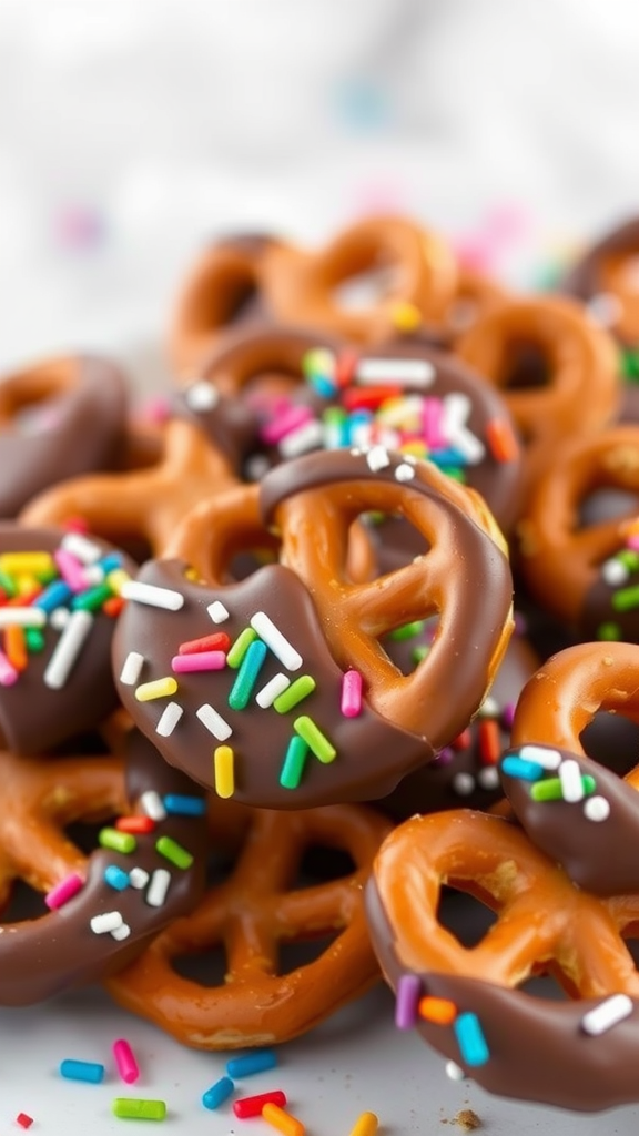 A close-up of chocolate dipped pretzels topped with colorful sprinkles.