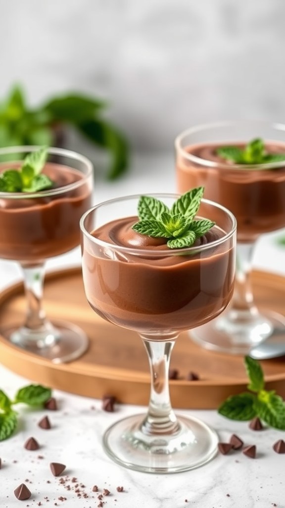 Three glasses of chocolate mint mousse topped with mint leaves, placed on a wooden tray with chocolate chips scattered around.