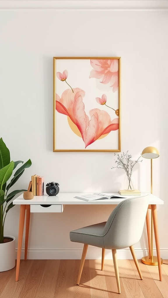 A cozy home office setup featuring a floral wall art above a white desk with a chair, a lamp, and plants.