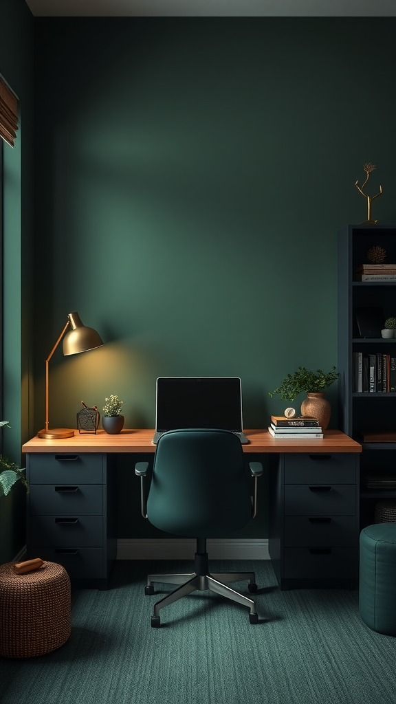 A cozy workspace featuring a dark green wall, wooden desk, and stylish decor.