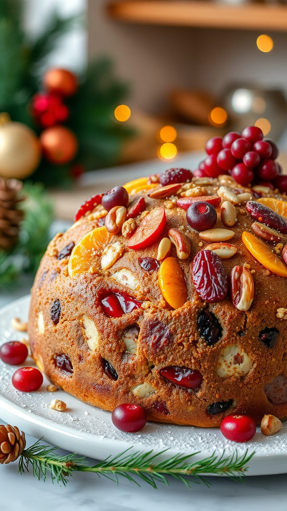 A beautifully decorated Christmas fruitcake topped with nuts and dried fruits, set against a festive backdrop.