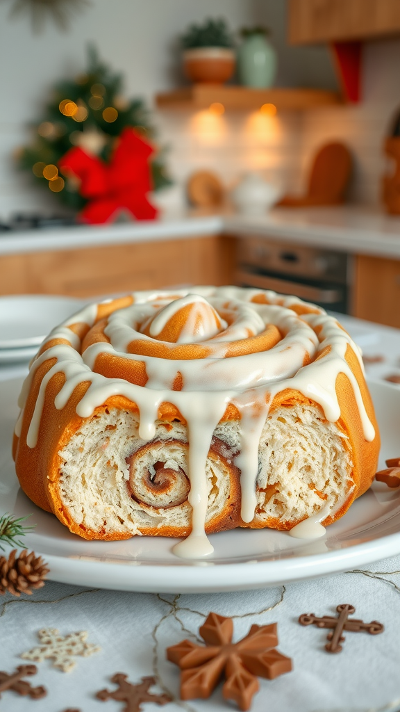 A beautifully decorated cinnamon roll cake with a creamy icing, set in a cozy kitchen with festive decorations.