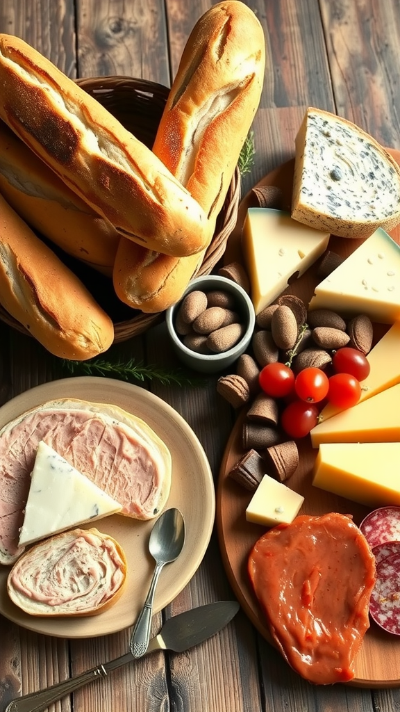 A classic French charcuterie board with various meats, cheeses, bread, and accompaniments.