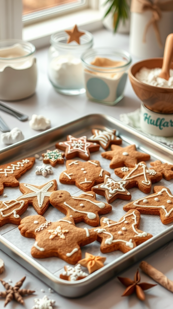 A tray of decorated gingerbread cookies in various shapes on a table.