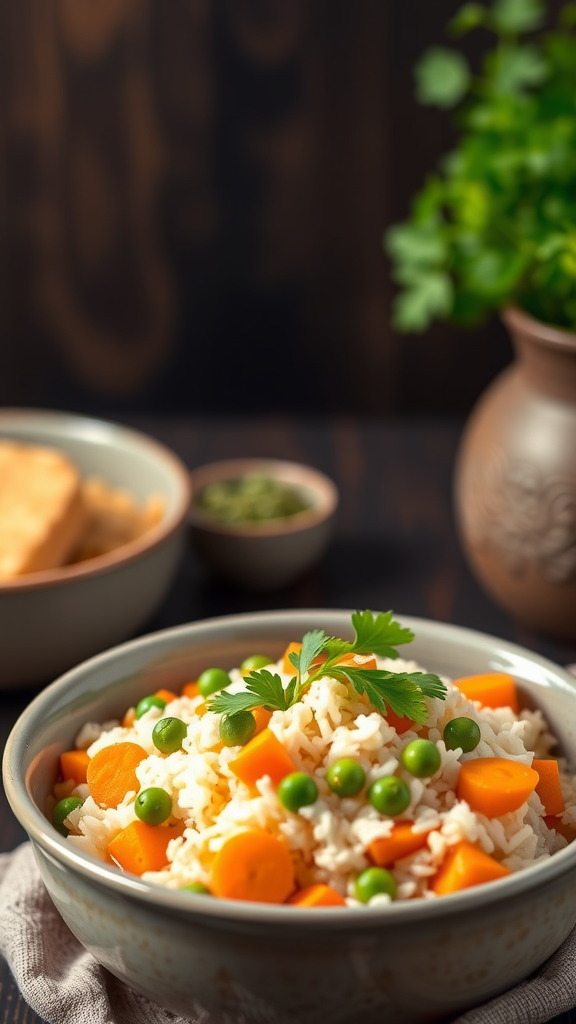 A bowl of coconut curry rice with carrots and peas, garnished with parsley, surrounded by additional ingredients.