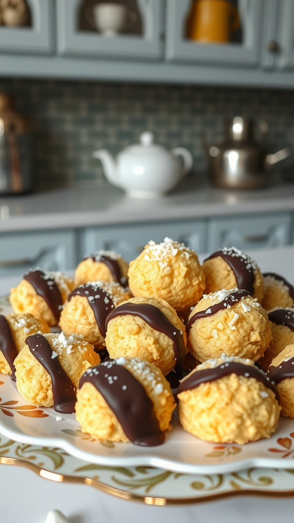 A plate of coconut macaroons dipped in chocolate, garnished with shredded coconut.