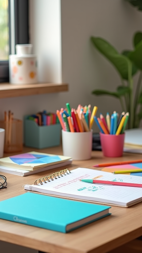 A colorful assortment of office supplies on a wooden desk, including various notebooks, pens, and a plant.