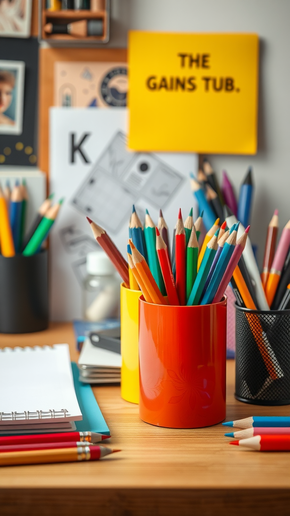 A workspace with colorful pencil holders filled with various colored pencils