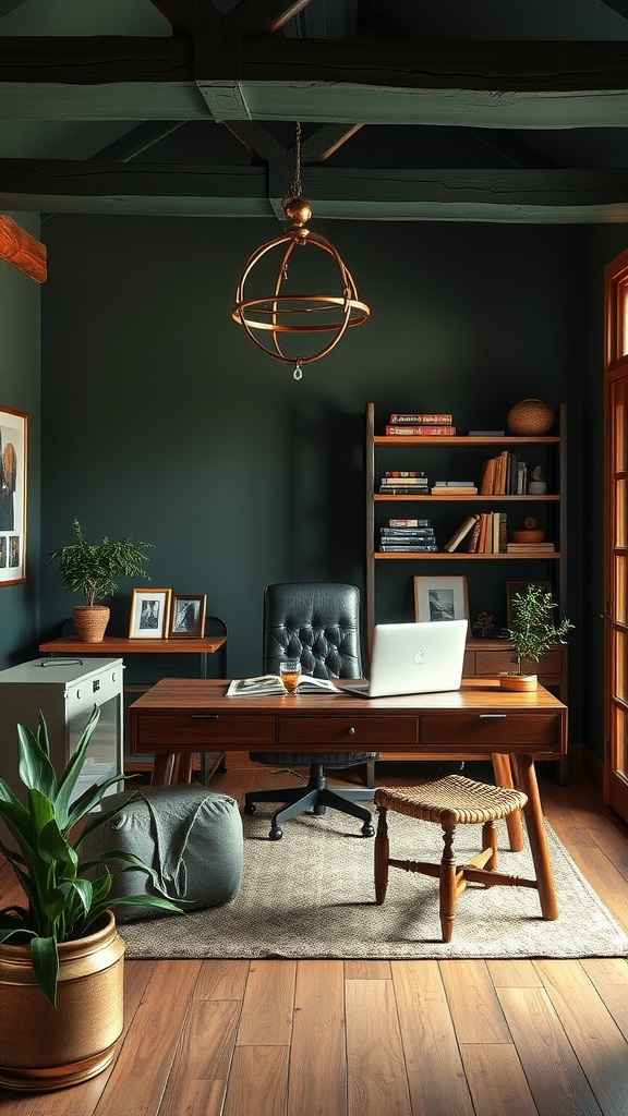 A cozy home office with dark green walls and wooden furniture.