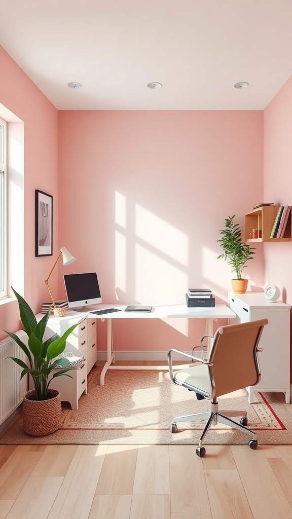 A cozy home office featuring soft pink walls, a white desk, and a potted plant.