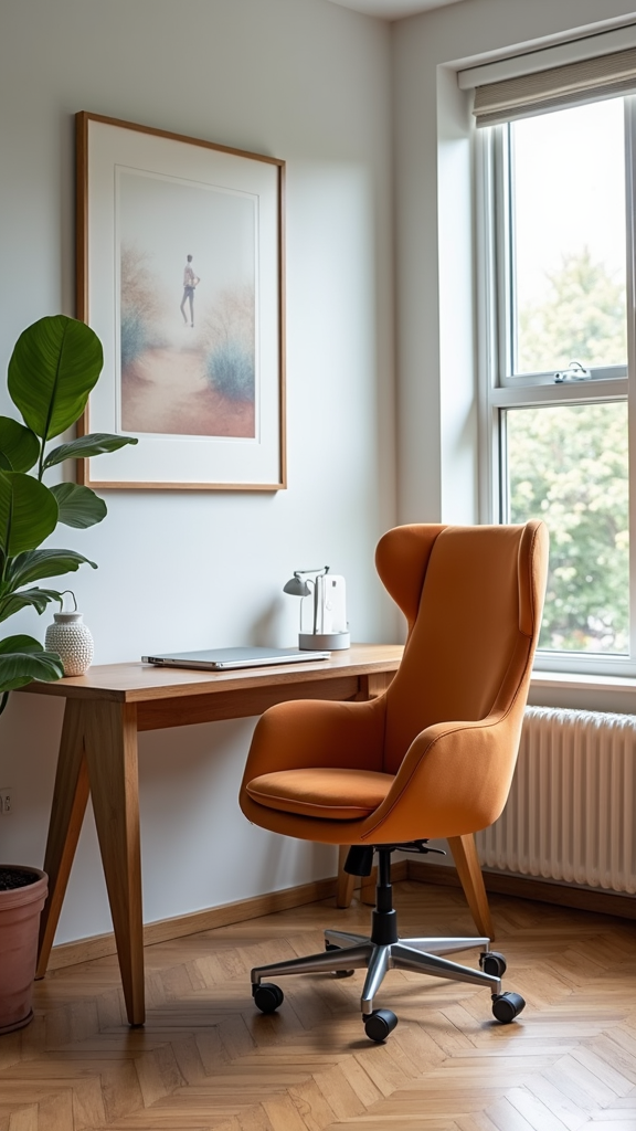 A cozy home office featuring an orange chair and wooden desk by a window