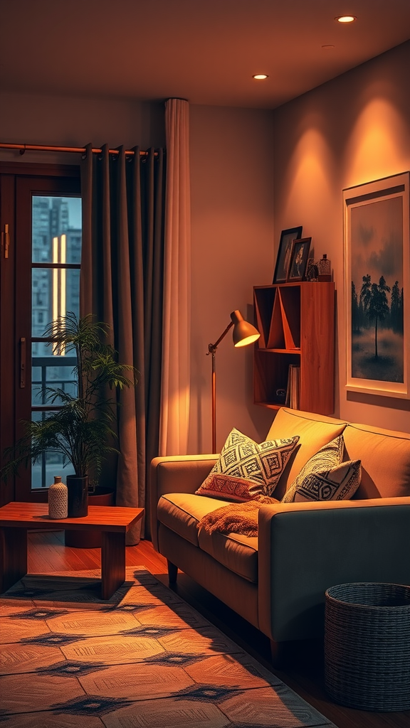 Cozy living room featuring a couch, warm lighting, and decorative elements.