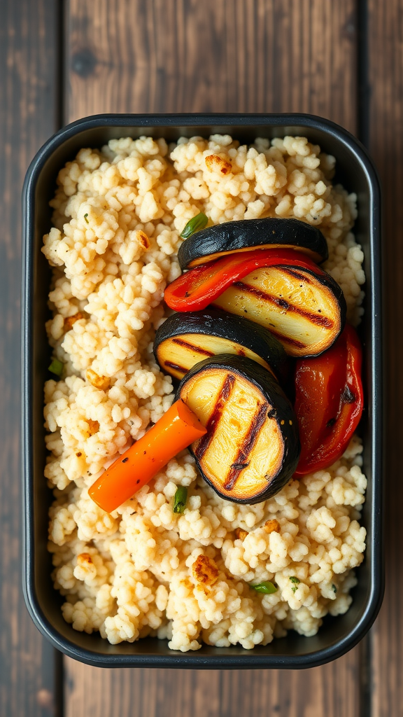 A bowl of couscous topped with grilled vegetables