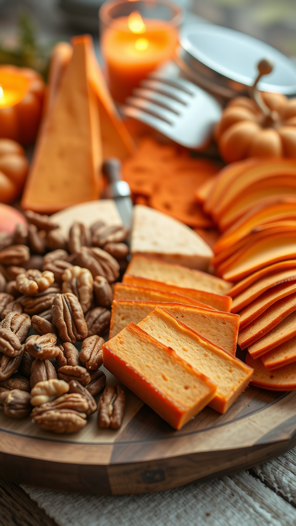 A cozy autumn charcuterie board featuring orange cheese, pecans, and decorative pumpkins.