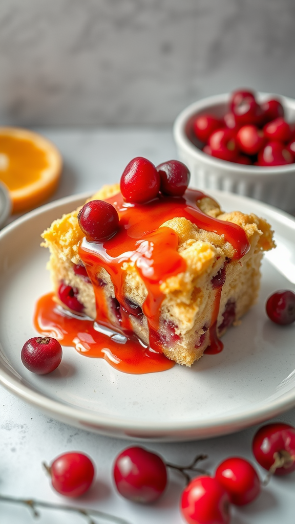 A slice of cranberry orange bread pudding drizzled with sauce, garnished with fresh cranberries.