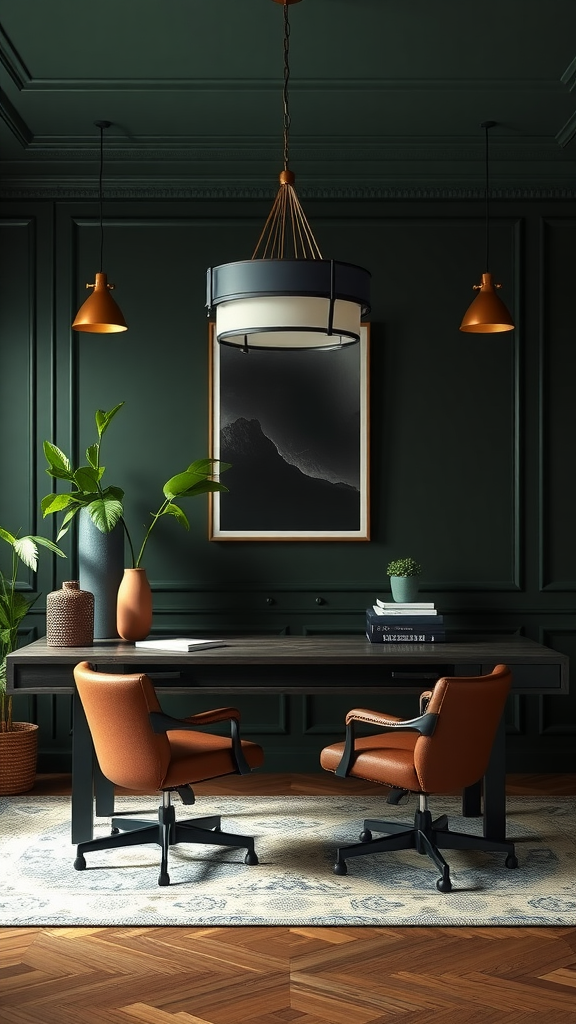 A stylish office interior featuring dark green walls, a modern desk, and warm-toned chairs.